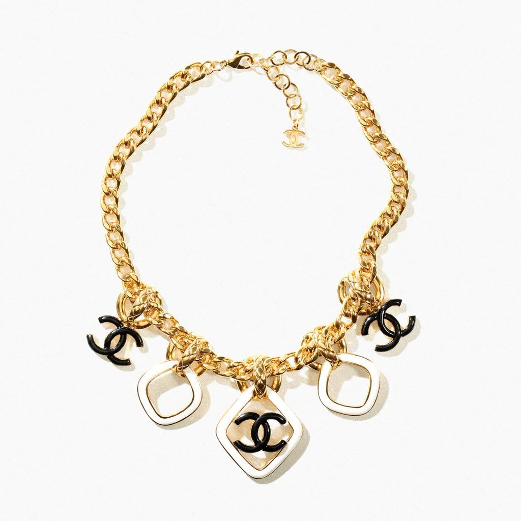 Chanel Multi Charm Pink Gold Black Enamel Necklace