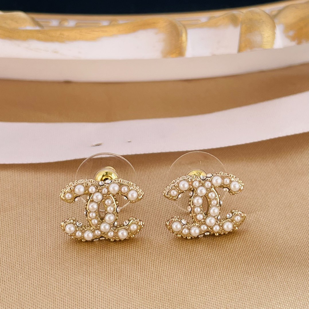 Chanel Double C MOP Gold Stud Earrings