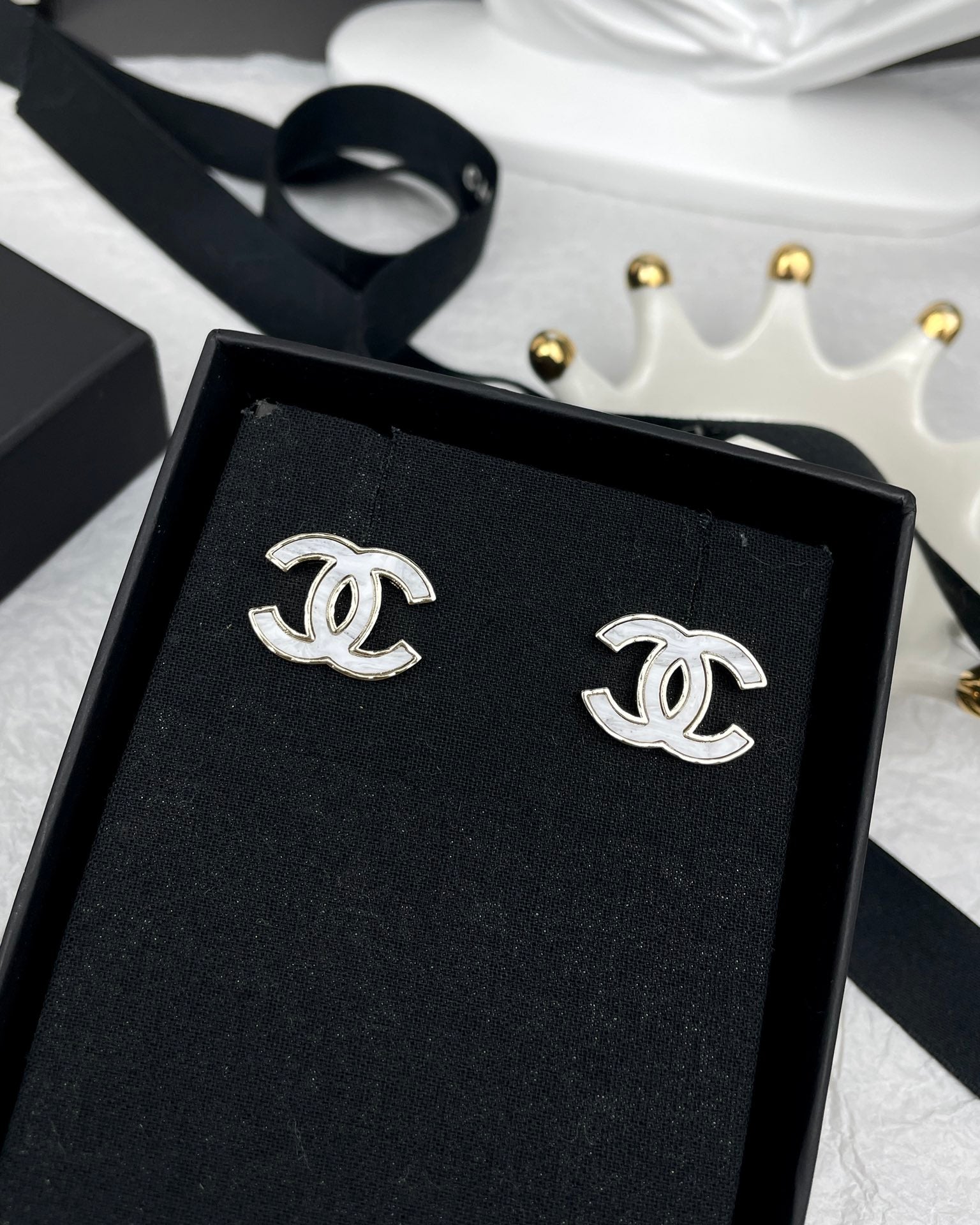Chanel Silver Marble Earrings