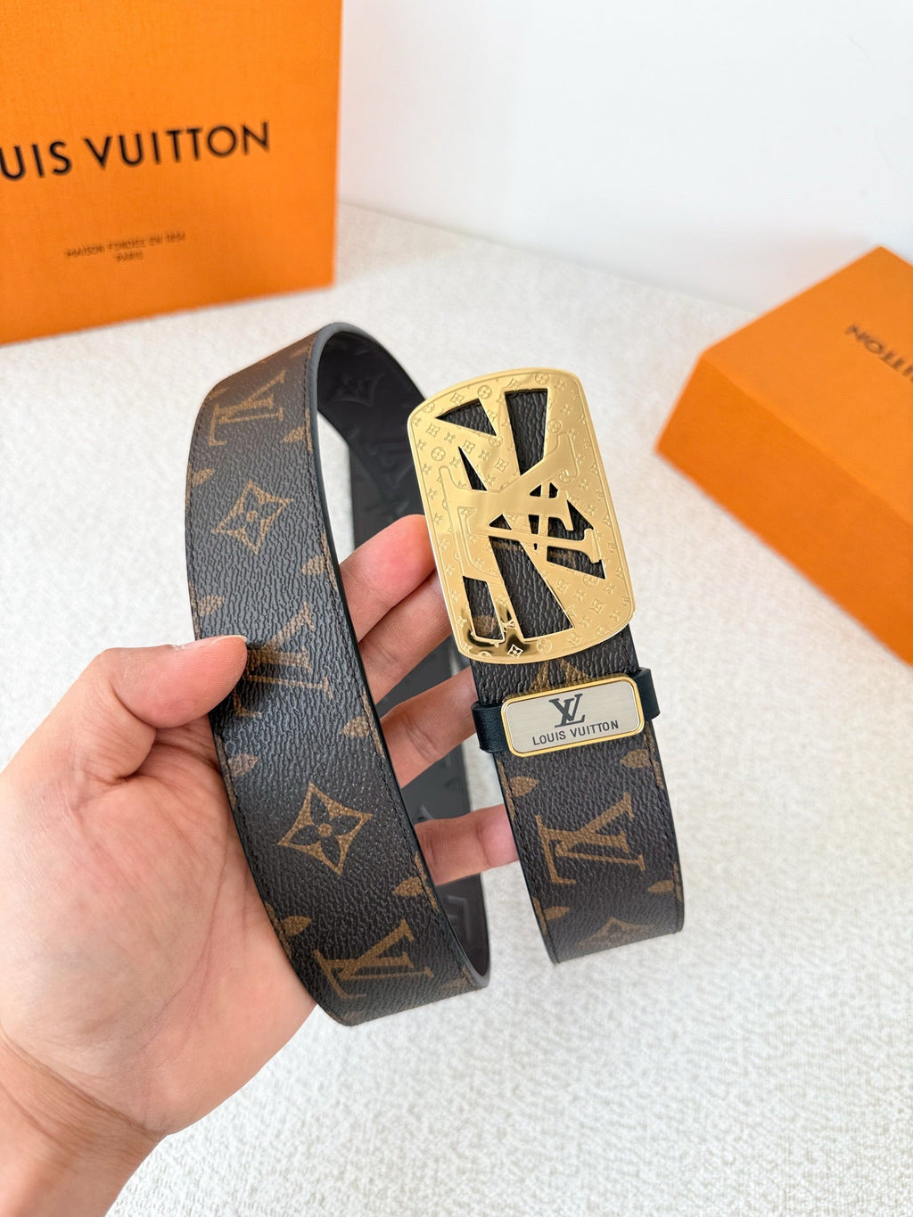 Classic Monogram Leather Belt with Premium Steel Buckle, 3.8cm
