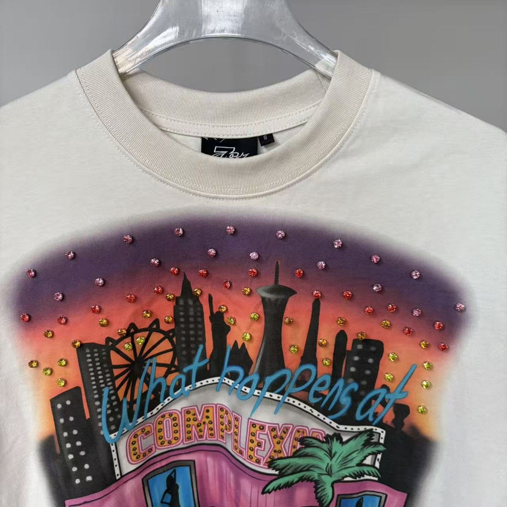 TRIPLE SEVENS Cream Rhinestone Graphic Short-Sleeve T-Shirt — detail
