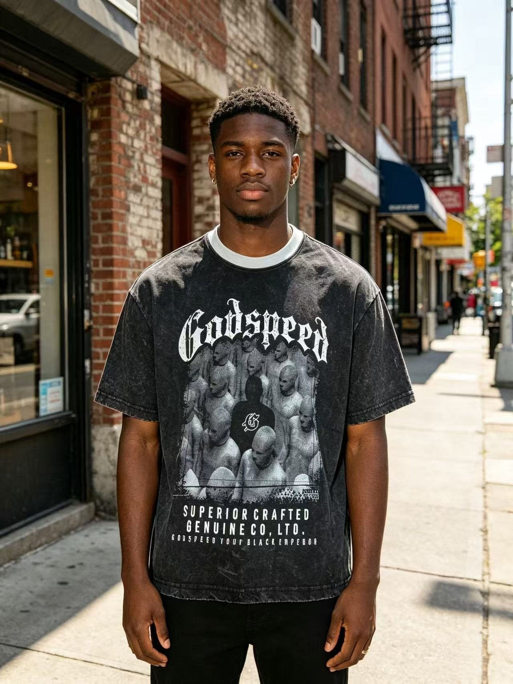 Godspeed Acid-Wash Graphic T-Shirt — model