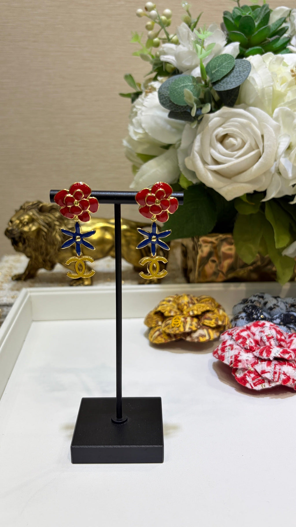 Chanel 2026 Gold Double C Enamel Flower Long Stud Earrings